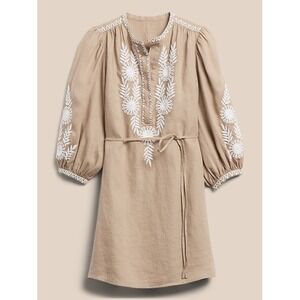 Banana Republic Embroidered 100% Linen Mini Dress Tan with Slip‎ (M657)